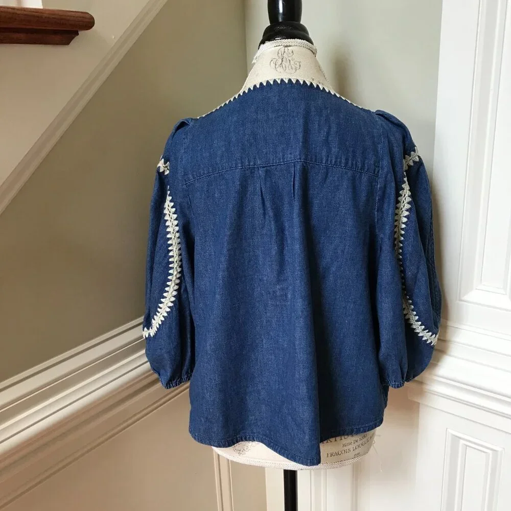Zimmermann Chintz Denim Smock Top Shirt Blouse Womens 3 Large Blue Cotton Boho